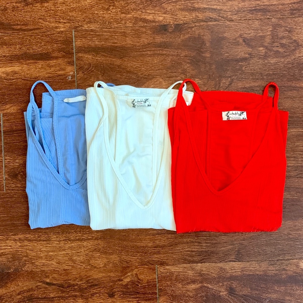 Free People Ribbed Tank Trio in Blue, White, and Red